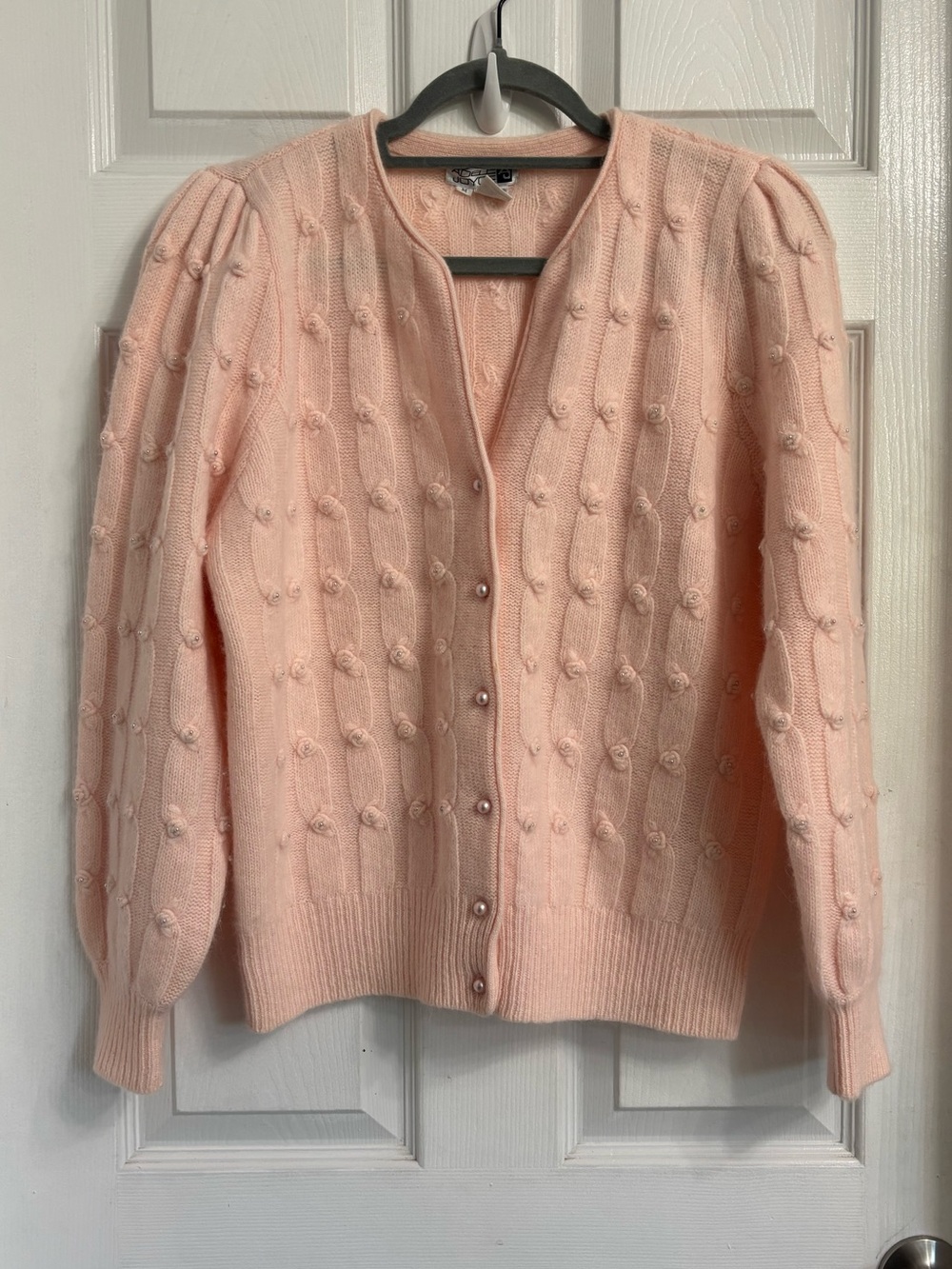 Adele Joyce Vintage Elegant Pink Knit Button-Front Cardigan Medium Beaded